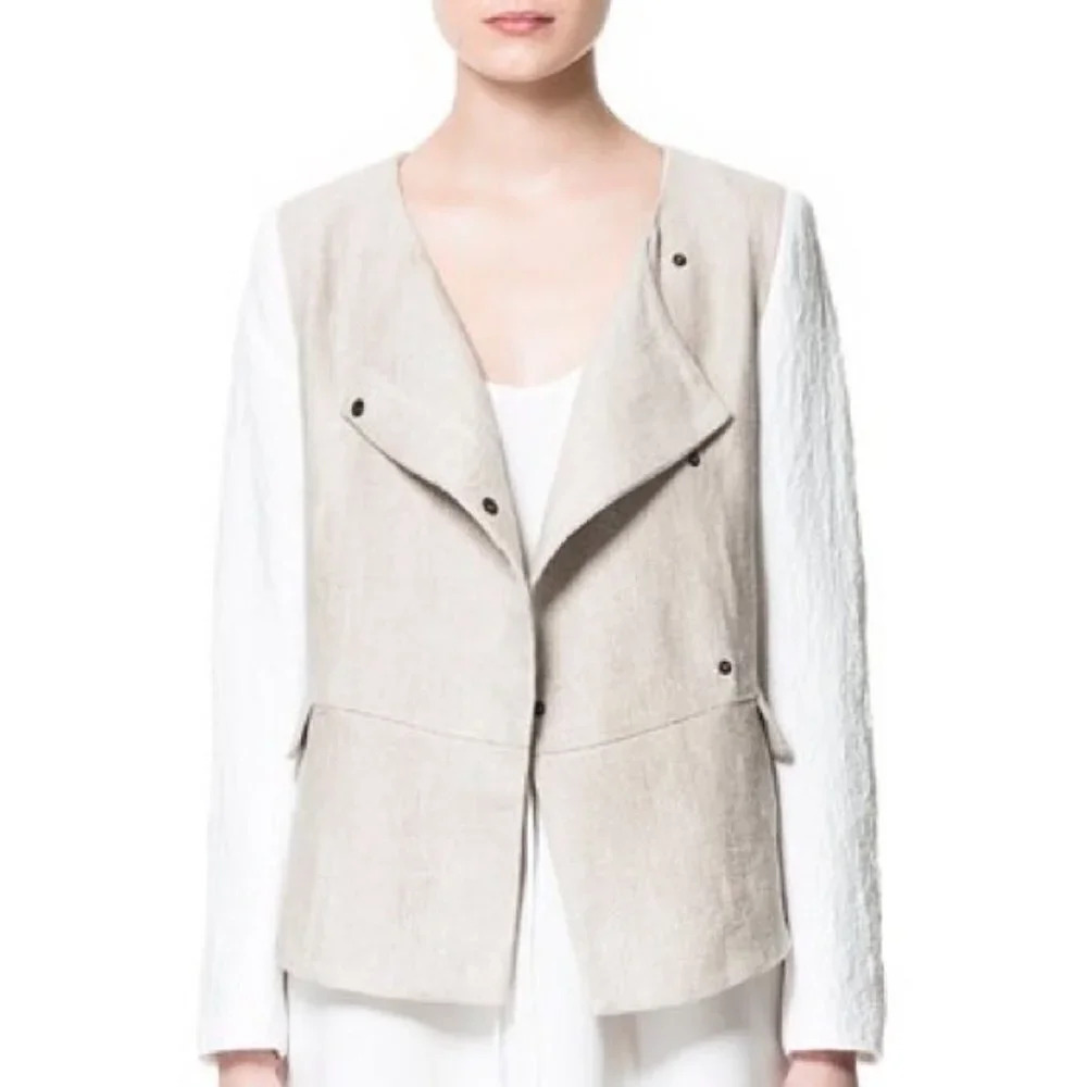 Zara Beige Linen Moto Jacket Textured Sleeve Beige White Jacket